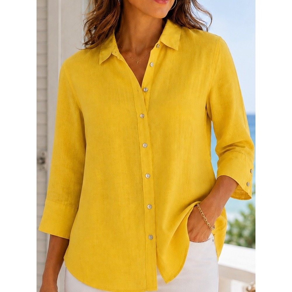 Yellow Linen Button Front Blouse Chico's 2, Woman's 12 / Large3/4 Sleeve
